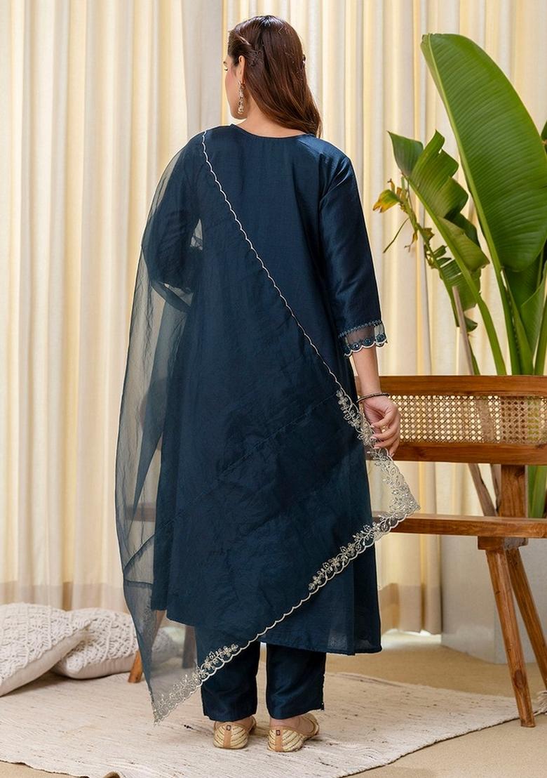 Teal Blue Sequin Work Silk Kurta Set - Indya