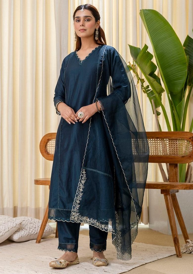 Teal Blue Sequin Work Silk Kurta Set - Indya