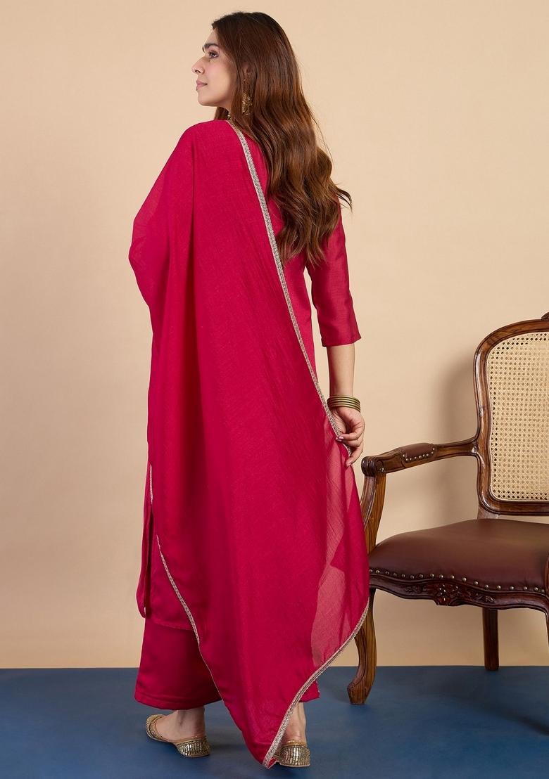 Pink Sequin Work Silk Kurta Set - Indya