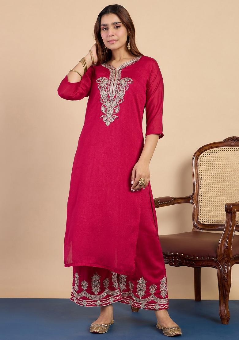 Pink Sequin Work Silk Kurta Set - Indya