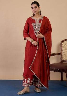 Rust Sequin Work Silk Kurta Set
