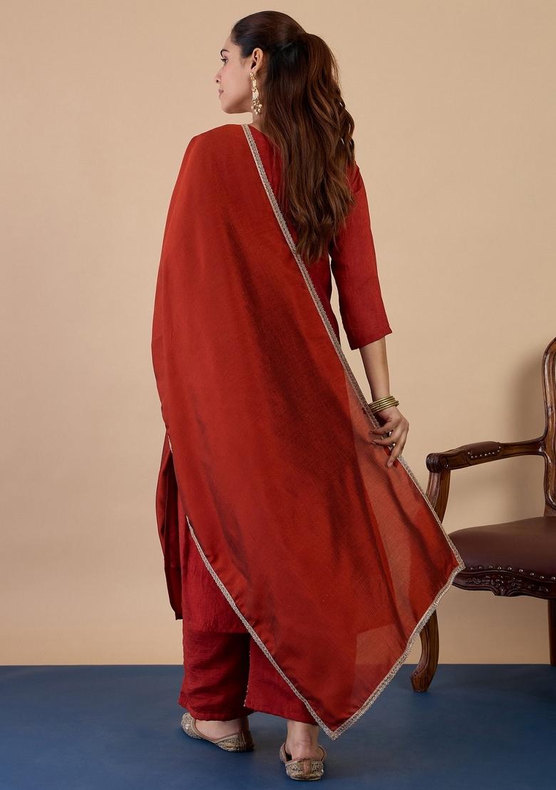 Rust Sequin Work Silk Kurta Set - Indya