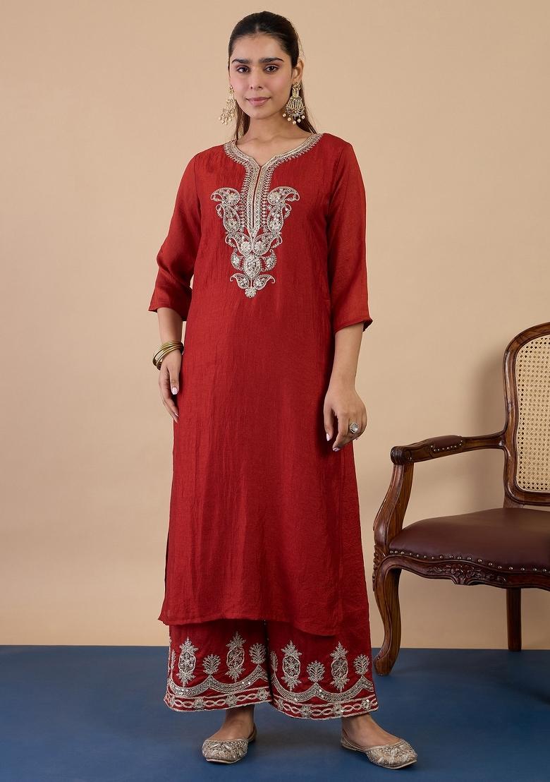 Rust Sequin Work Silk Kurta Set - Indya