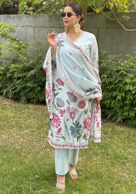 Sky Blue Printed Silk Kurta Set