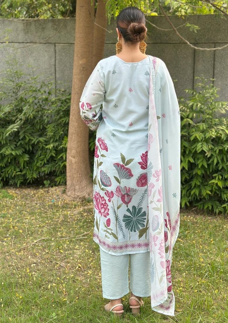 Sky Blue Printed Silk Kurta Set - Indya