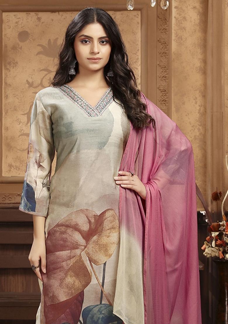 Grey Embroidery Chanderi Kurta Set - Indya