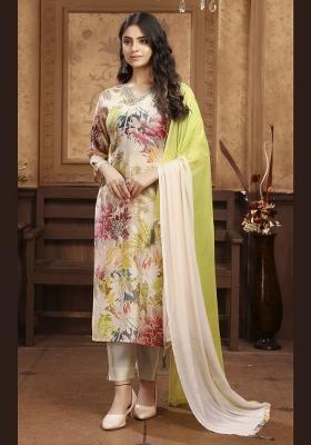 Olive Embroidery Chanderi Kurta Set