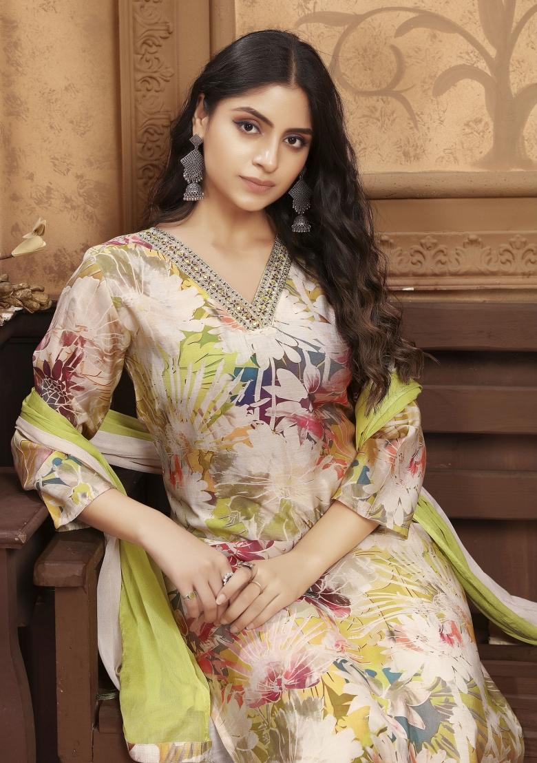 Olive Embroidery Chanderi Kurta Set - Indya