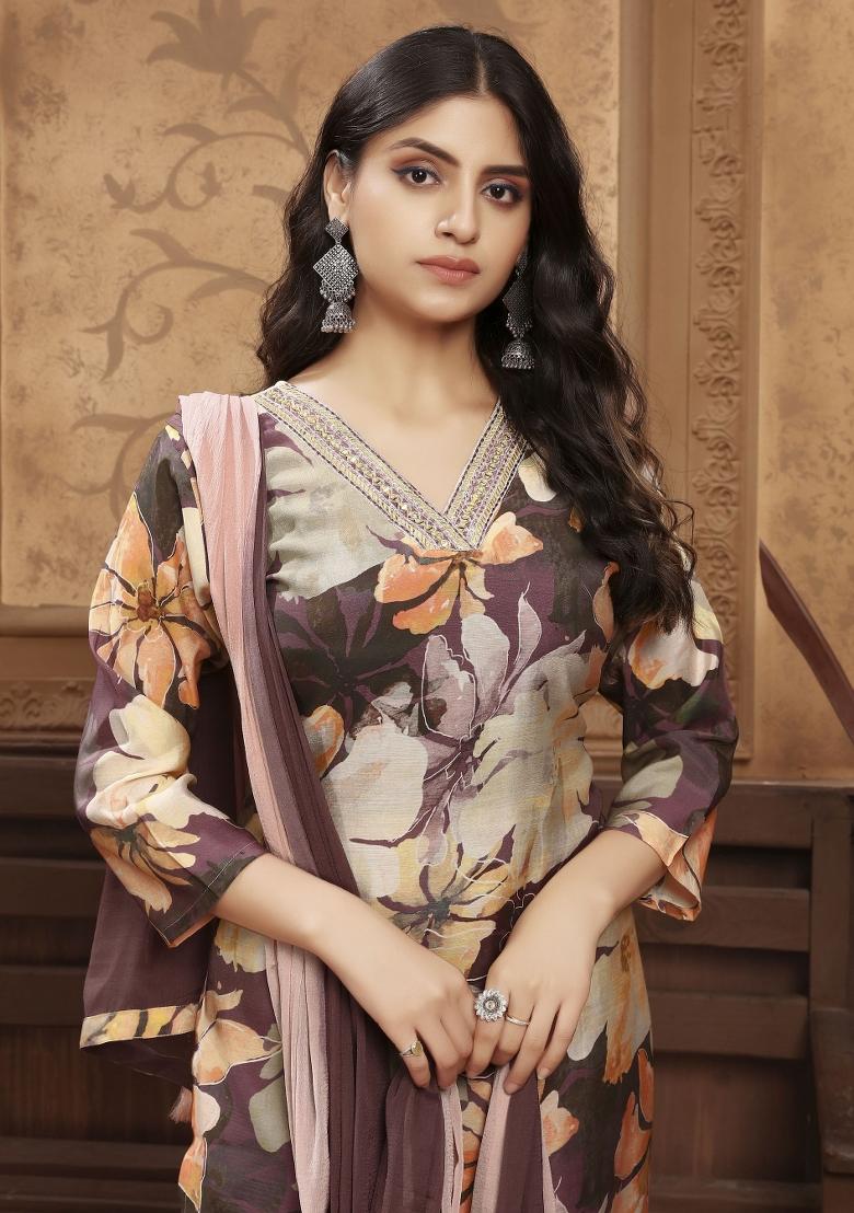 Coffee Embroidery Chanderi Kurta Set - Indya