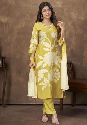Mustard Embroidery Chanderi Kurta Set