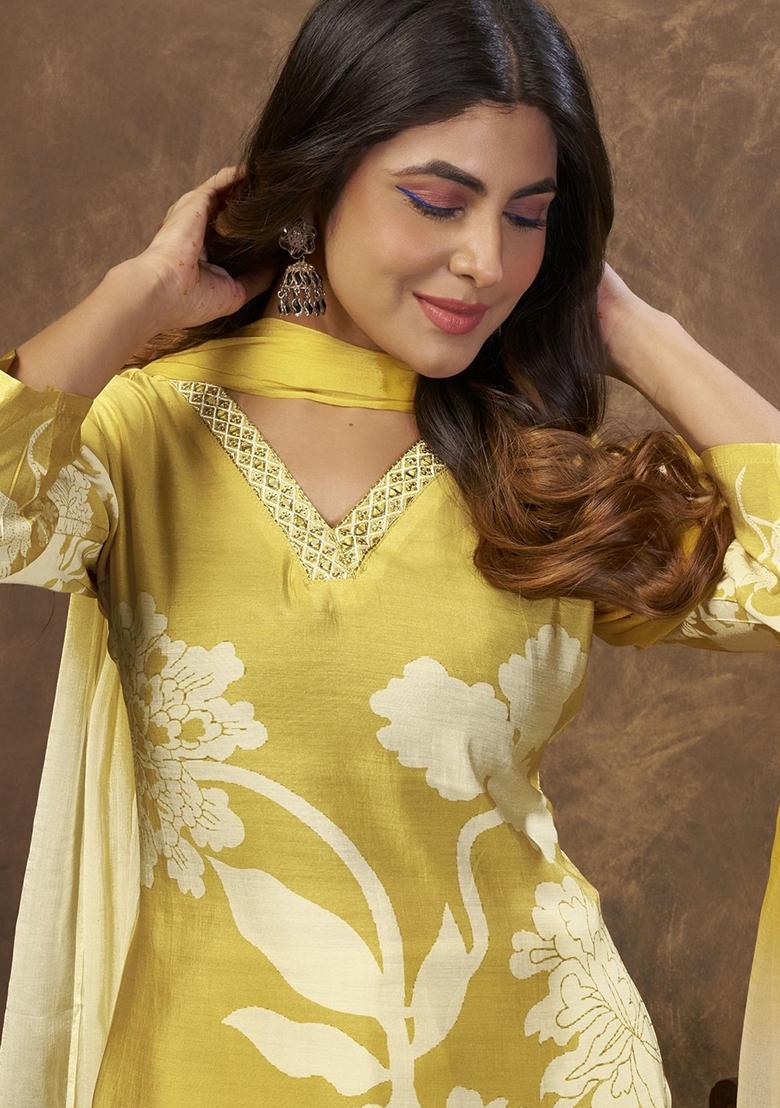 Mustard Embroidery Chanderi Kurta Set - Indya