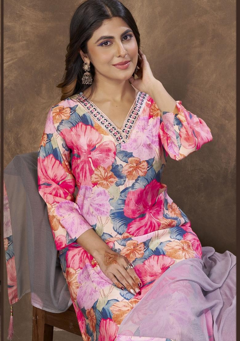 Pink Embroidery Chanderi Kurta Set - Indya