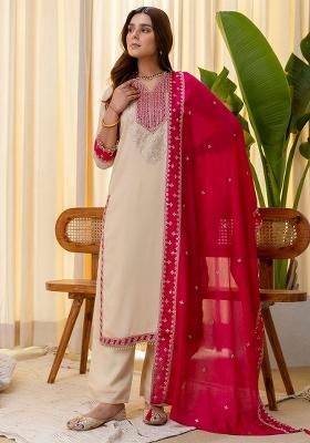 Cream Embroidery Silk Kurta Set