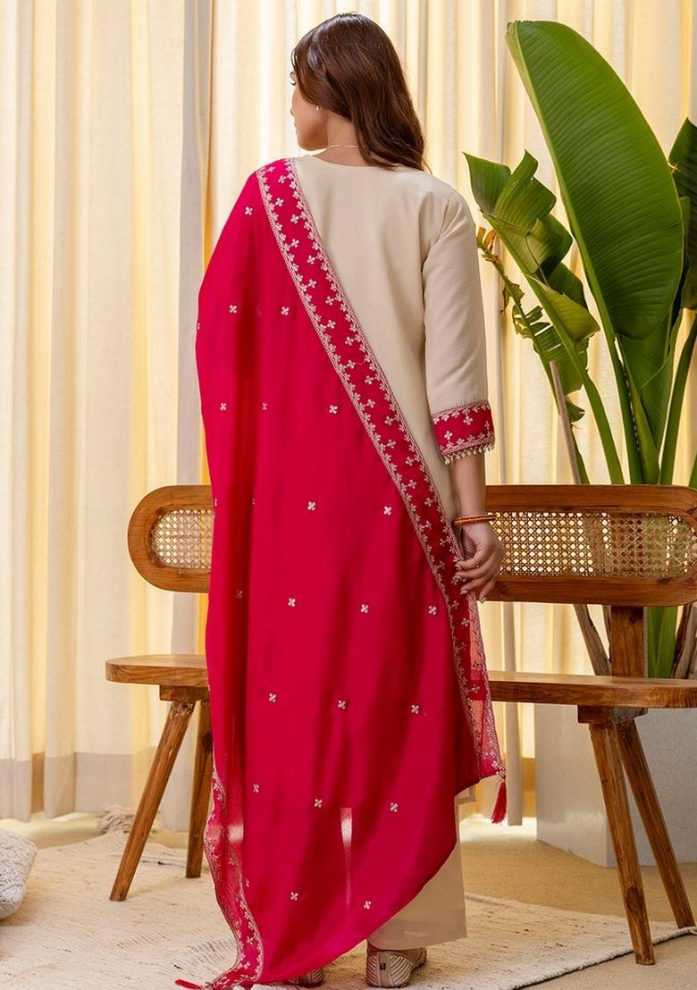Cream Embroidery Silk Kurta Set - Indya