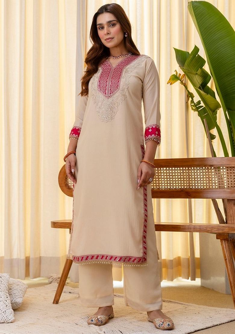 Cream Embroidery Silk Kurta Set - Indya