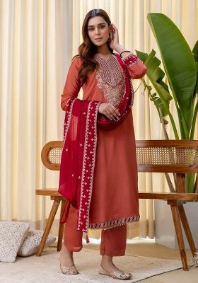 Peach Embroidery Silk Kurta Set