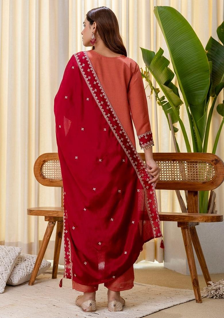 Peach Embroidery Silk Kurta Set - Indya