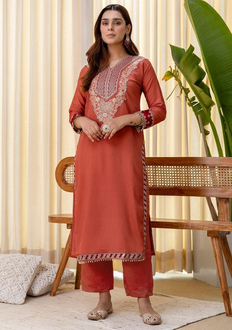 Peach Embroidery Silk Kurta Set - Indya