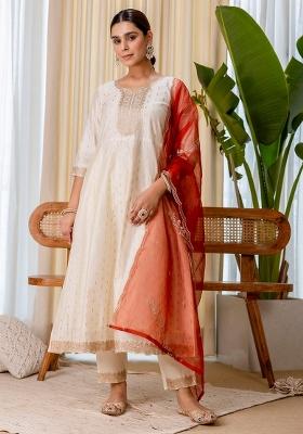 Cream Embroidery Silk Kurta Set