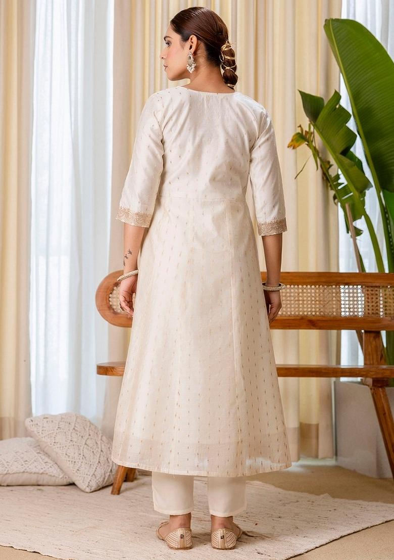 Cream Embroidery Silk Kurta Set - Indya