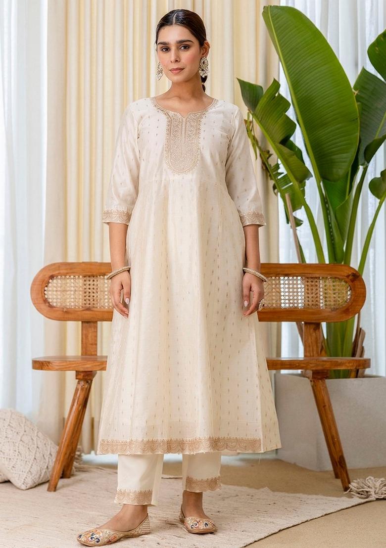 Cream Embroidery Silk Kurta Set - Indya