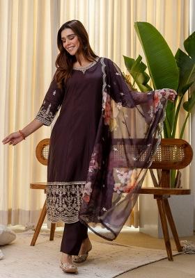 Coffee Embroidery Silk Kurta Set