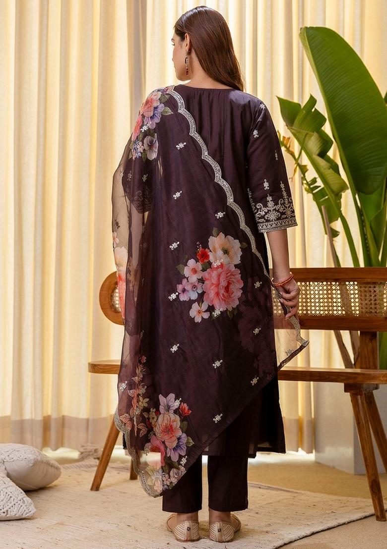 Coffee Embroidery Silk Kurta Set - Indya