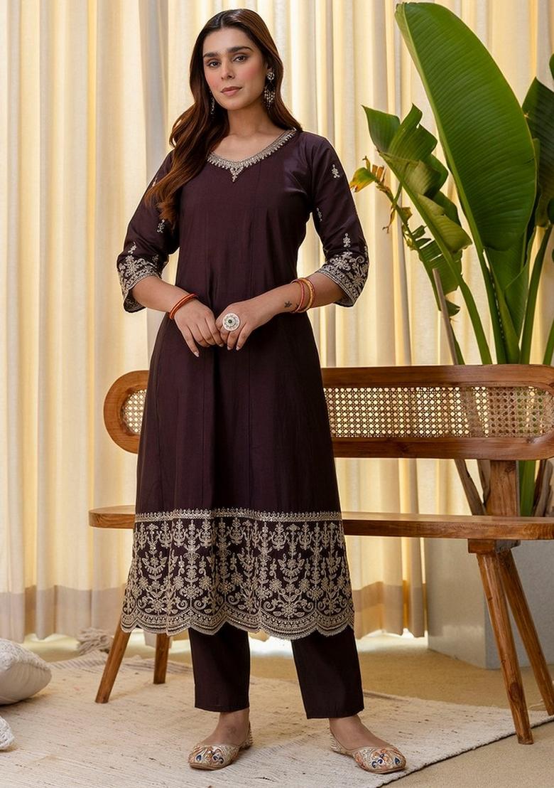 Coffee Embroidery Silk Kurta Set - Indya