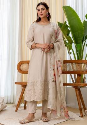 Grey Embroidery Silk Kurta Set