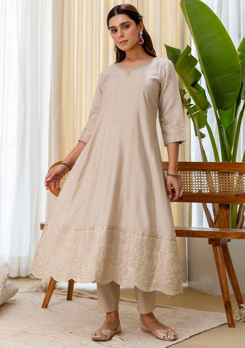 Grey Embroidery Silk Kurta Set - Indya