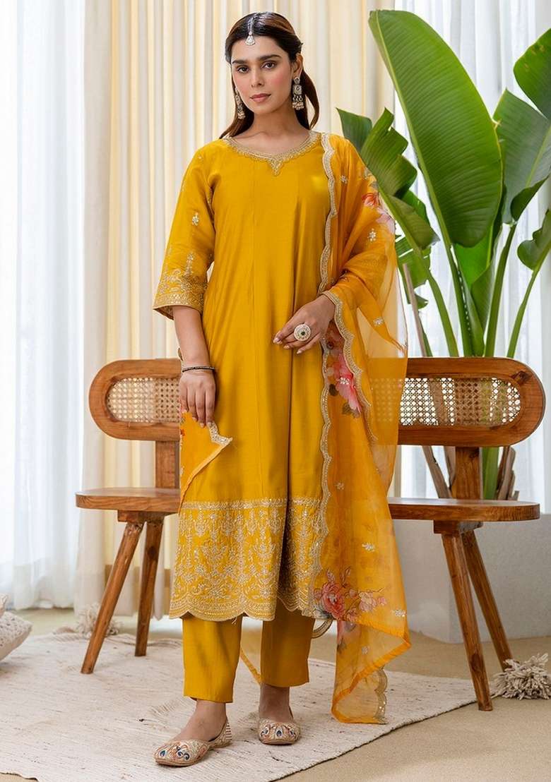 Mustard Embroidery Silk Kurta Set - Indya