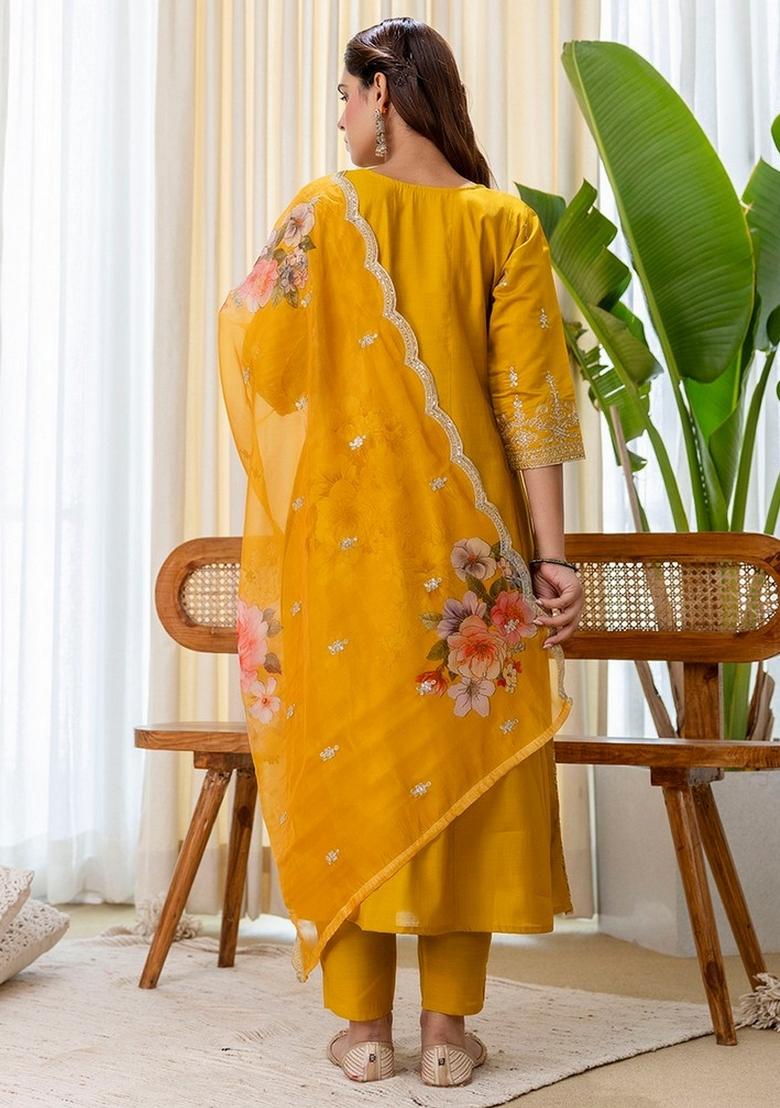 Mustard Embroidery Silk Kurta Set - Indya