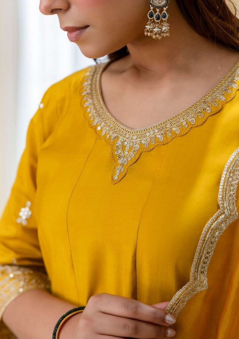 Mustard Embroidery Silk Kurta Set - Indya