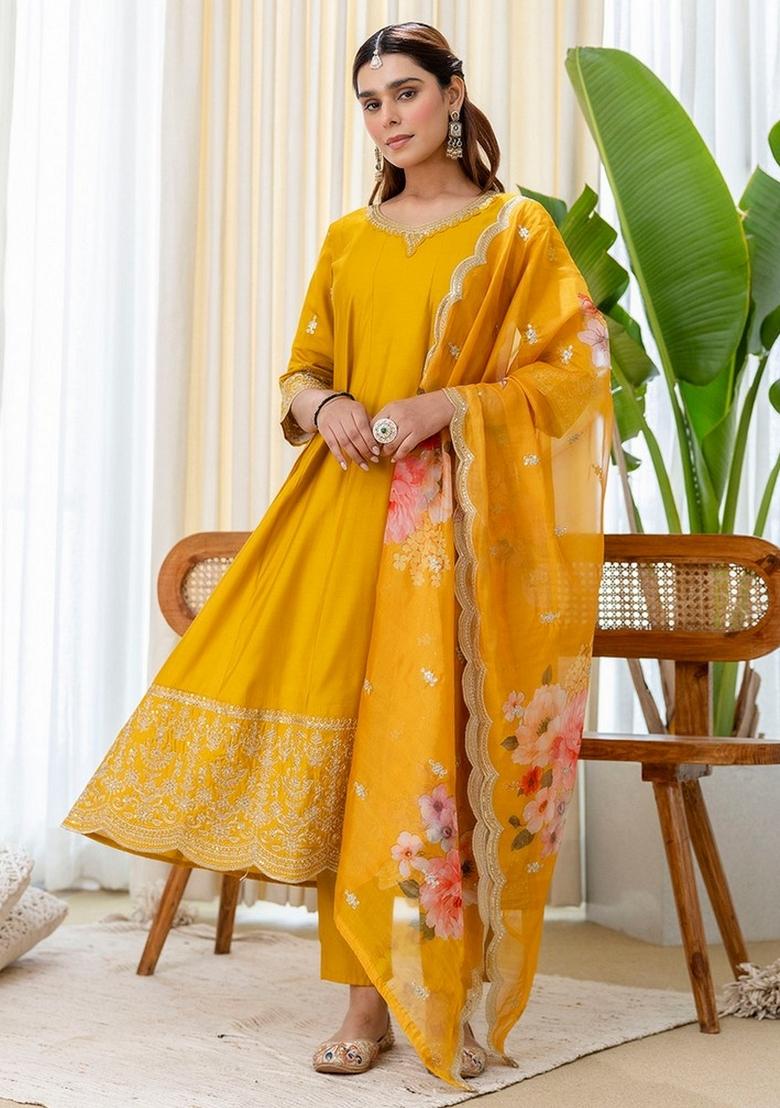 Mustard Embroidery Silk Kurta Set - Indya