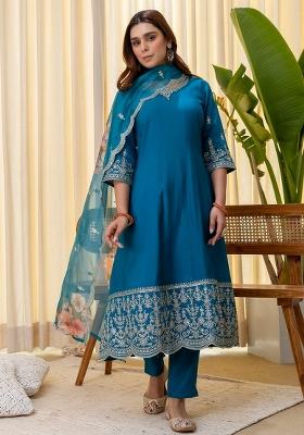 Teal Embroidery Silk Kurta Set
