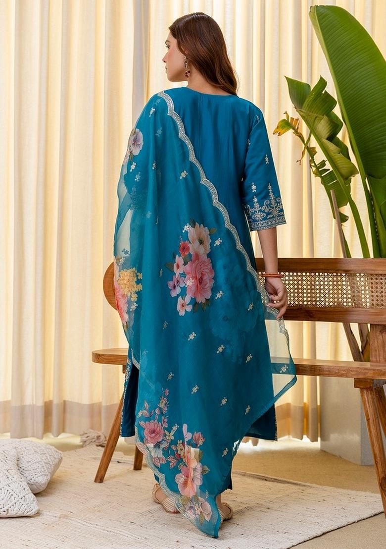 Teal Embroidery Silk Kurta Set - Indya