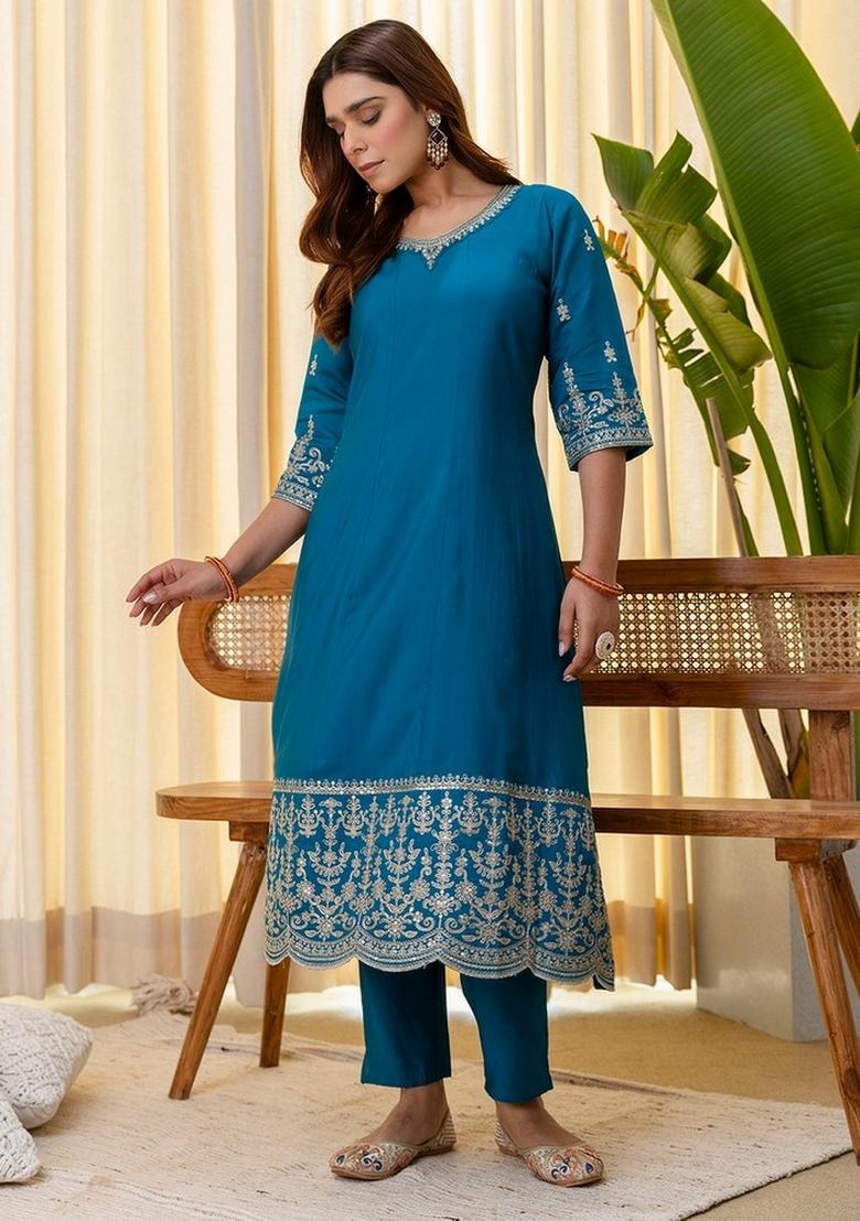 Teal Embroidery Silk Kurta Set - Indya