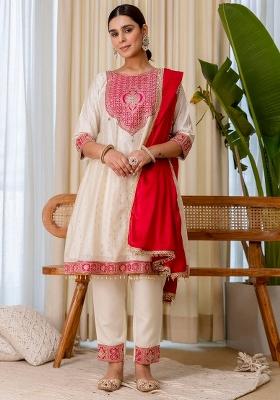 Off White Embroidery Silk Kurta Set