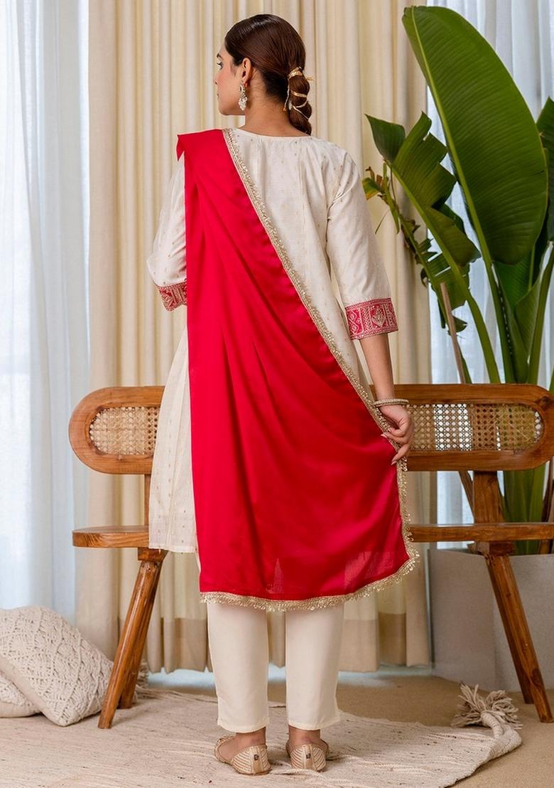Off White Embroidery Silk Kurta Set - Indya