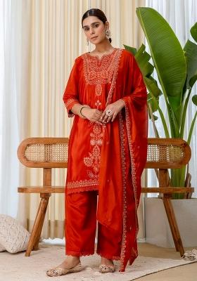 Rust Embroidery Silk Kurta Set