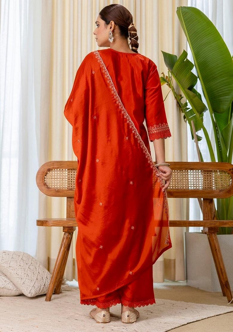 Rust Embroidery Silk Kurta Set - Indya