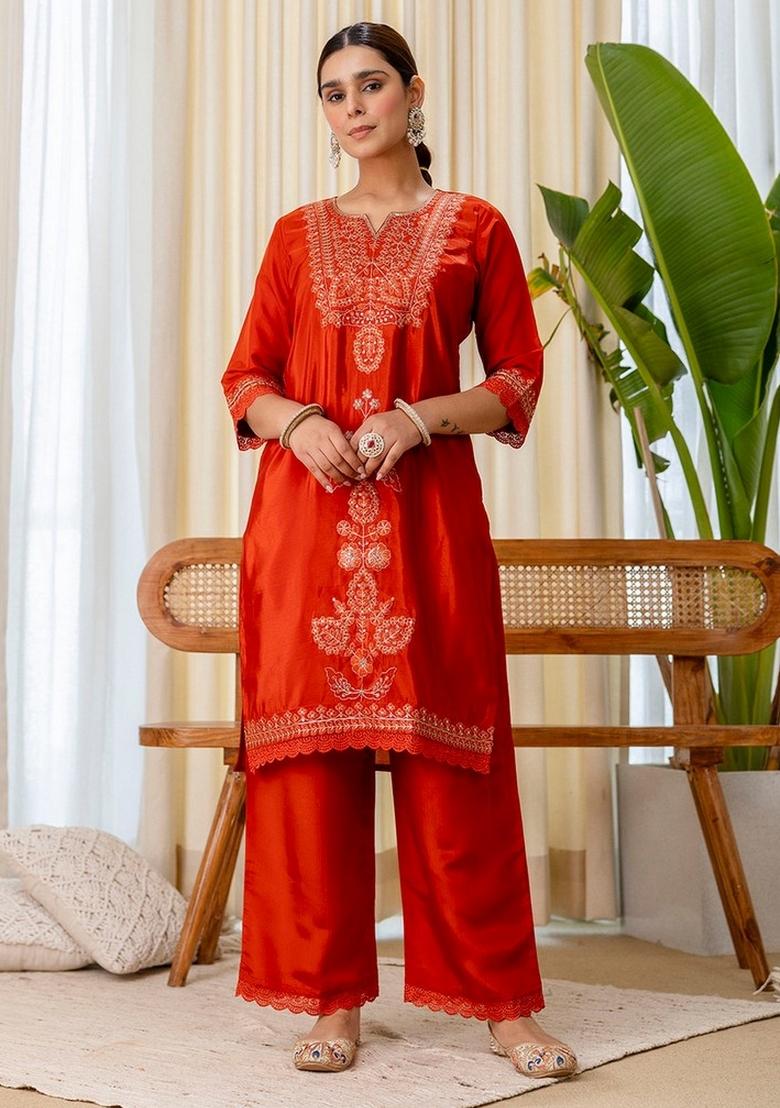 Rust Embroidery Silk Kurta Set - Indya