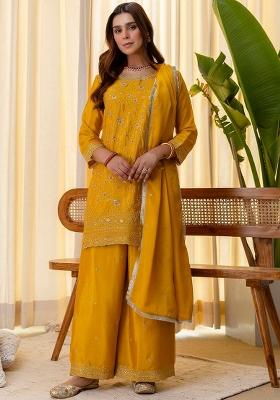 Mustard Embroidery Silk Kurta Set