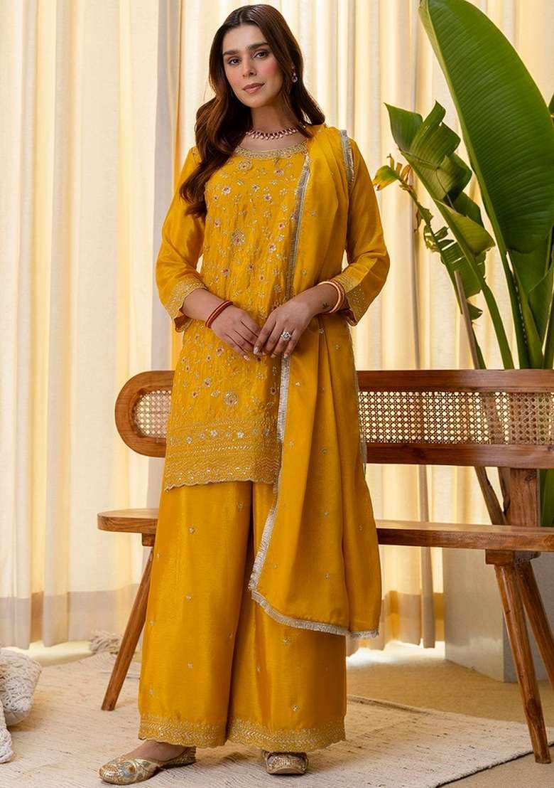 Mustard Embroidery Silk Kurta Set - Indya