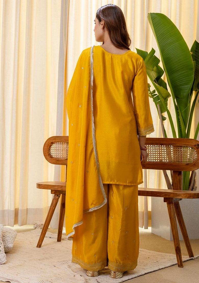Mustard Embroidery Silk Kurta Set - Indya