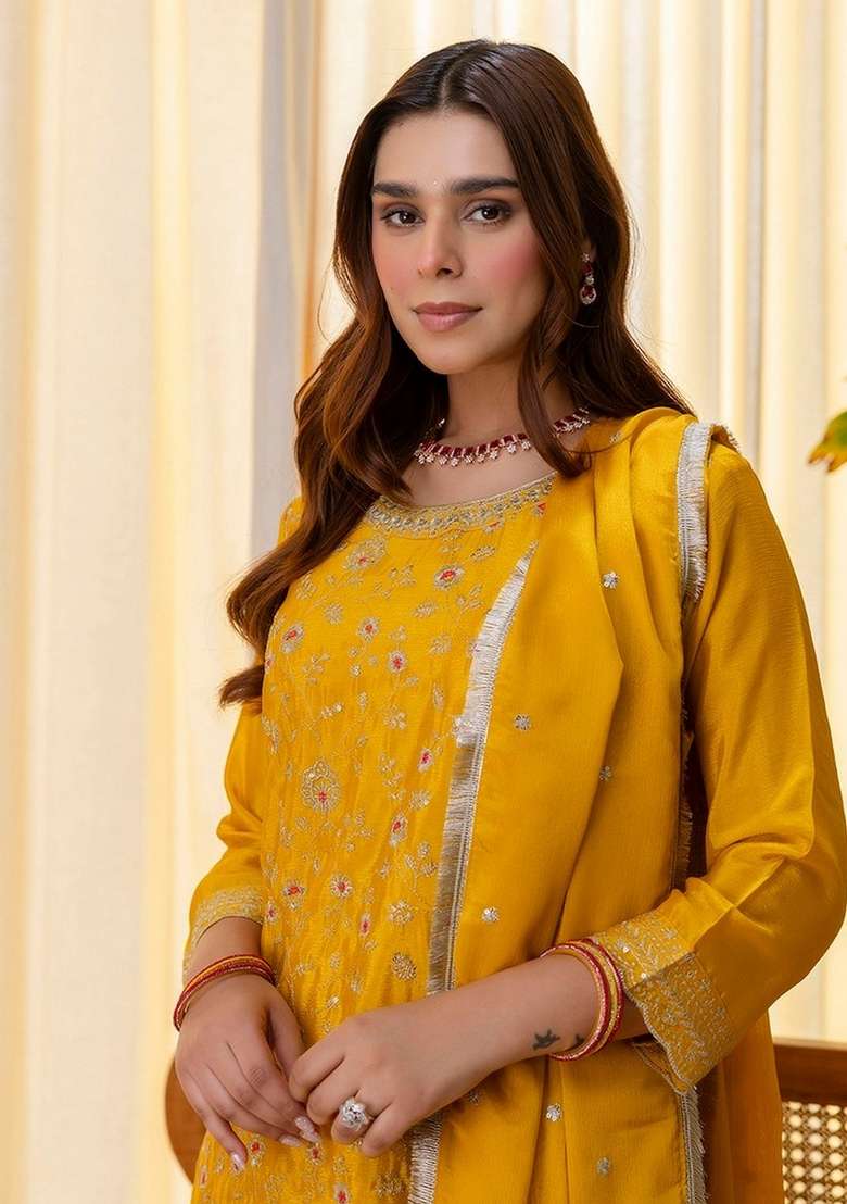 Mustard Embroidery Silk Kurta Set - Indya