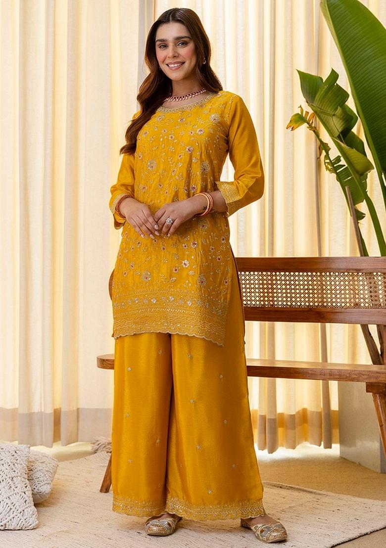 Mustard Embroidery Silk Kurta Set - Indya