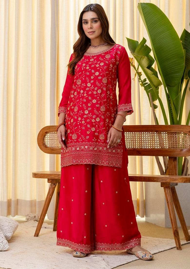 Pink Embroidery Silk Kurta Set - Indya