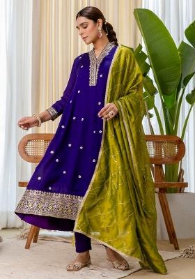 Purple Embroidery Silk Kurta Set