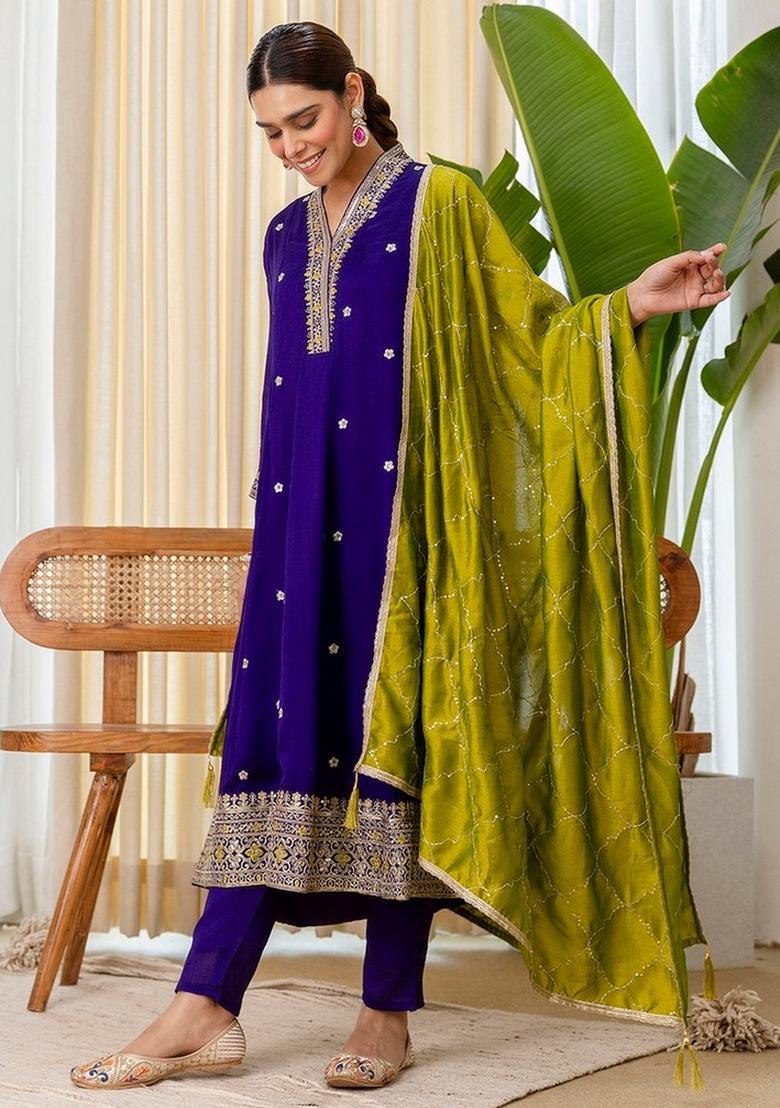 Purple Embroidery Silk Kurta Set - Indya